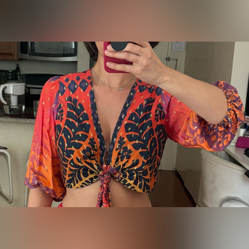 FARM Rio Red Orange and Navy Tropical Tie-Front Crop Top